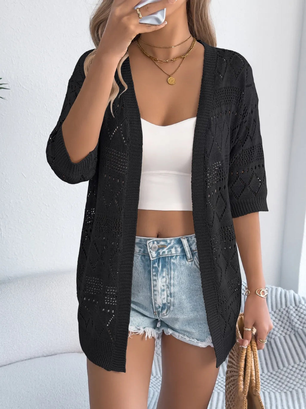 Openwork Open Front Half Sleeve Cardigan