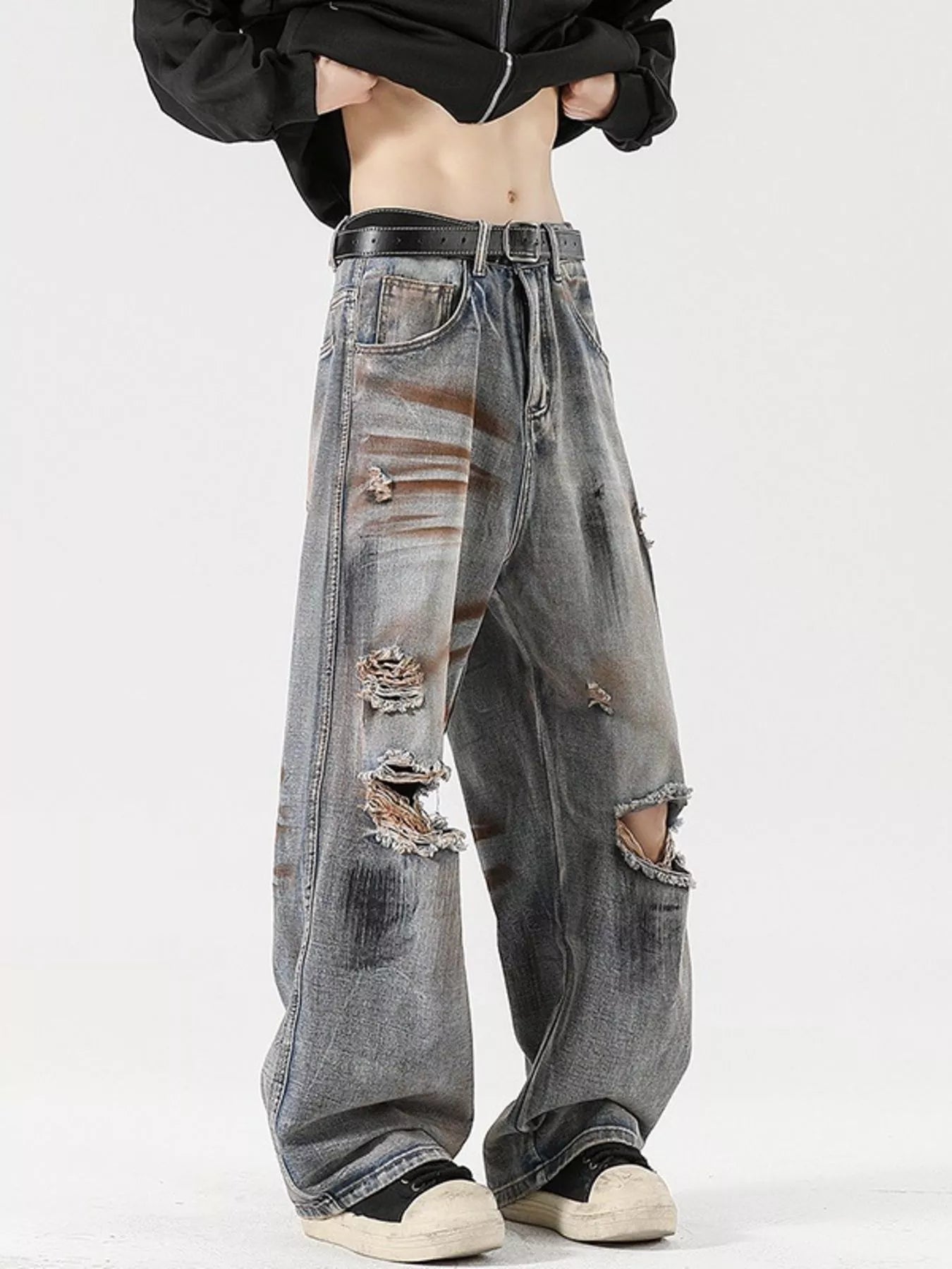 Men's Full Size Distressed Wide Leg Jeans Plus Size