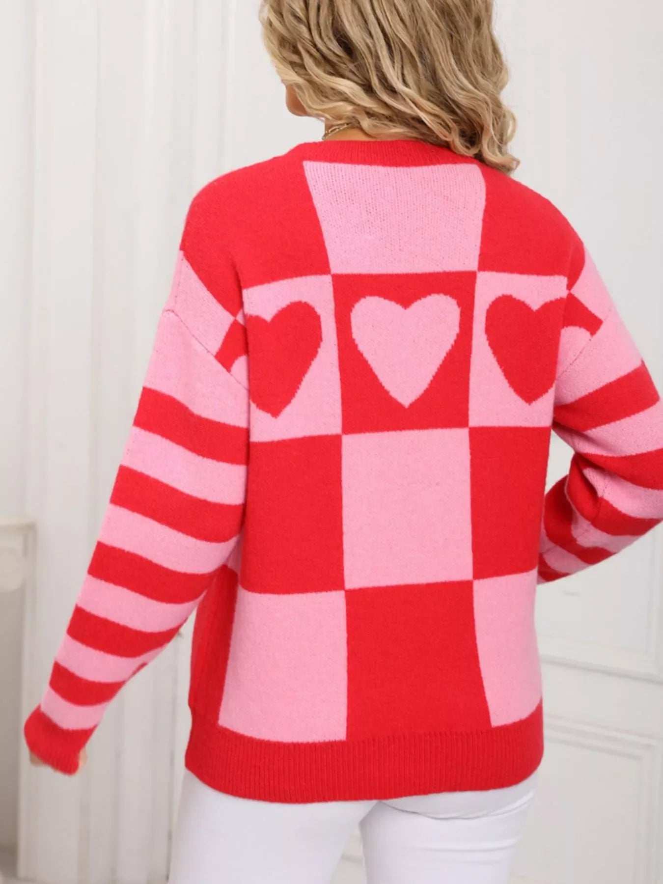 Heart Pattern Checkerboard Knit Sweater