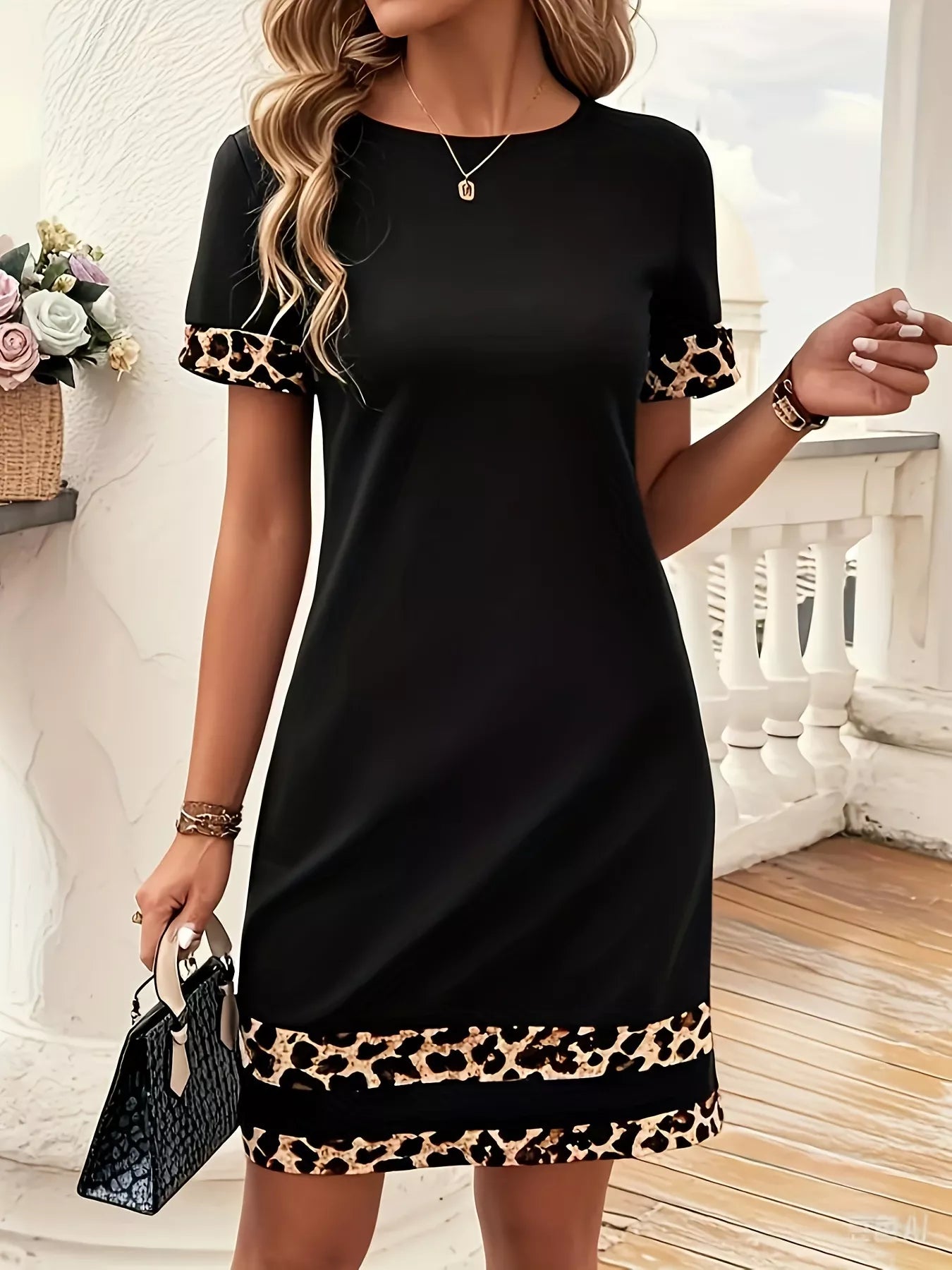 Full Size Leopard Trim Round Neck Mini Dress Plus Size