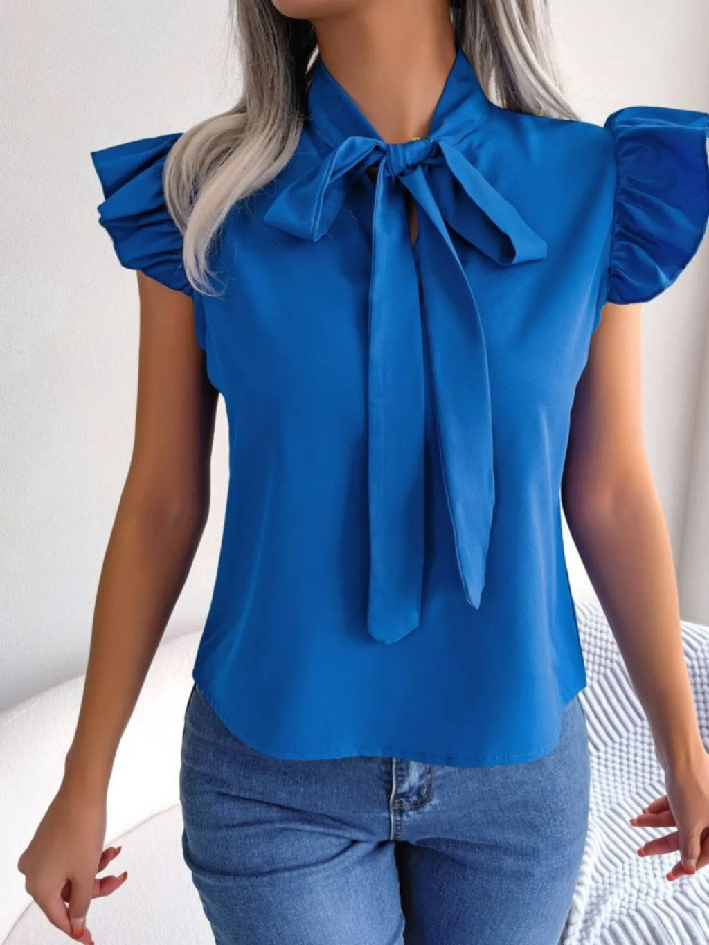 Ruffle Cap Sleeve Bow Tie Blouse