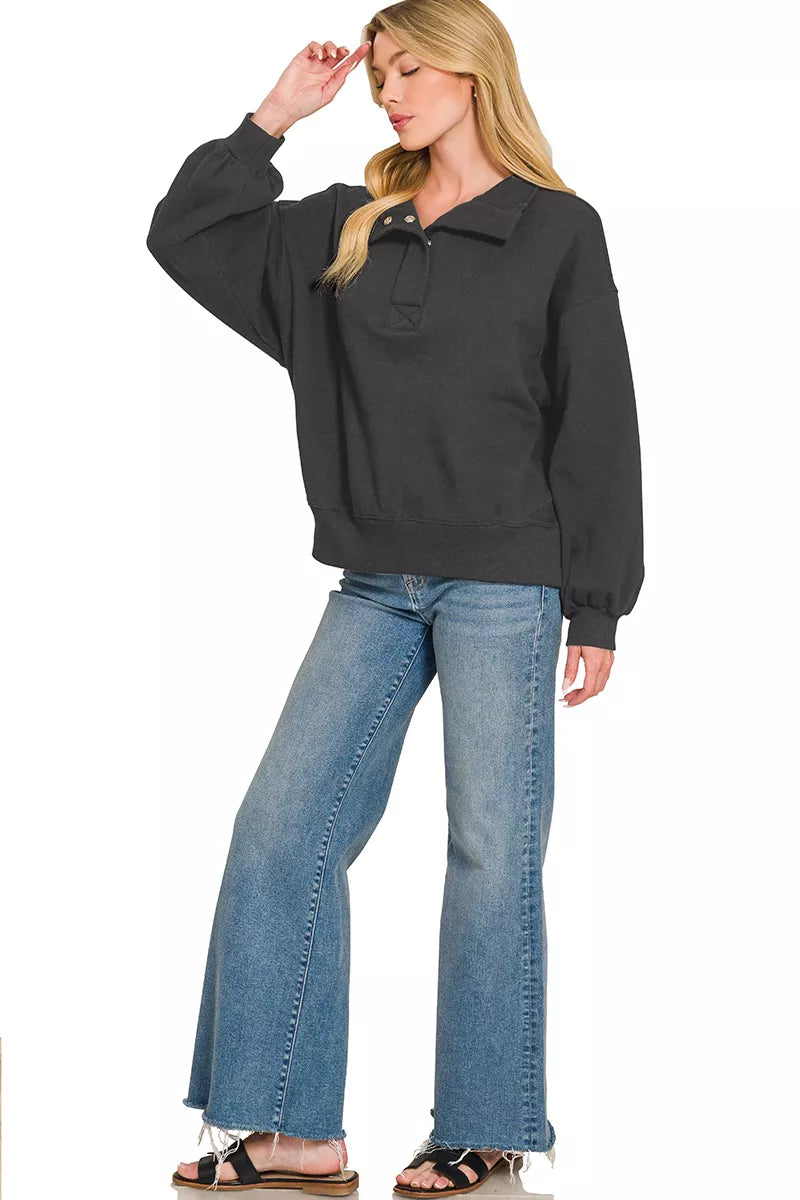 Zenana Fleece Half Snap Button Sweatshirt