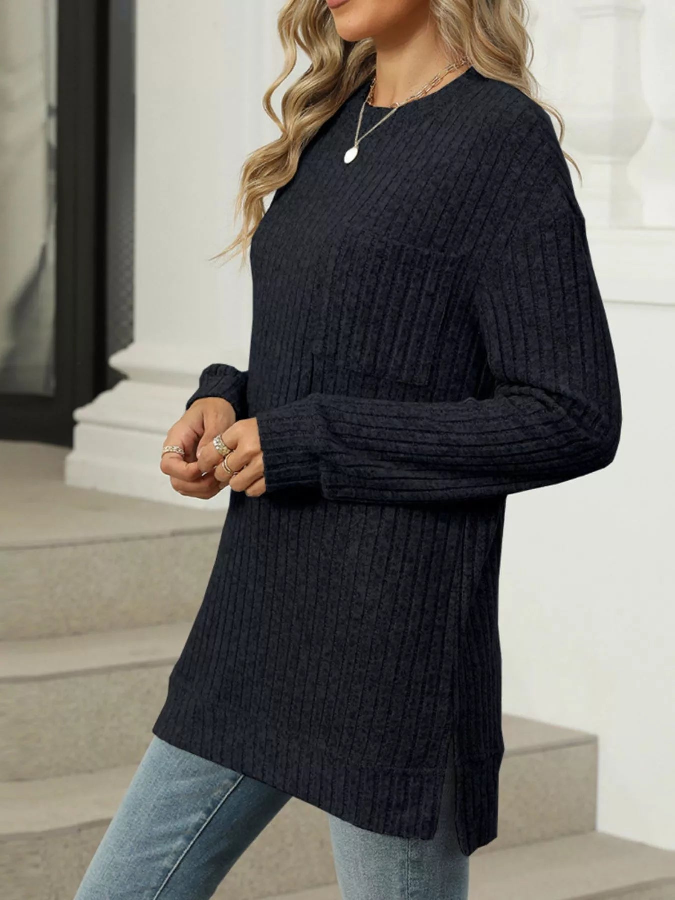 Ribbed Knit Round Neck Sweater