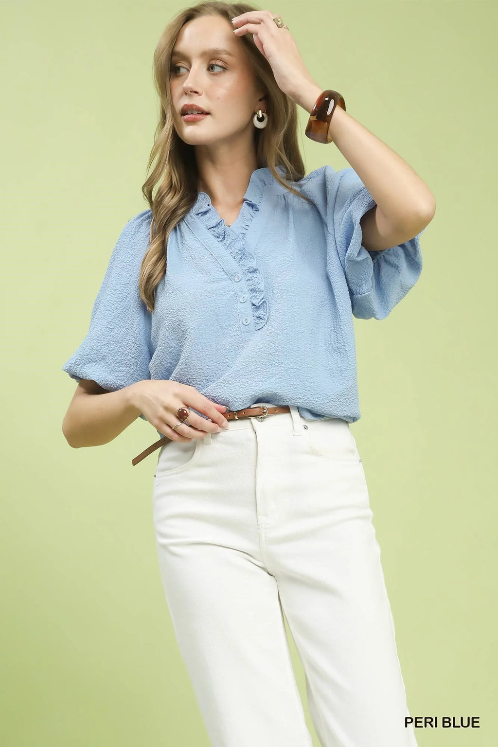 Umgee Puff Sleeve Ruffle Neck Tunic Blouse