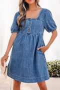 Button-Front Puff Sleeve Denim Dress