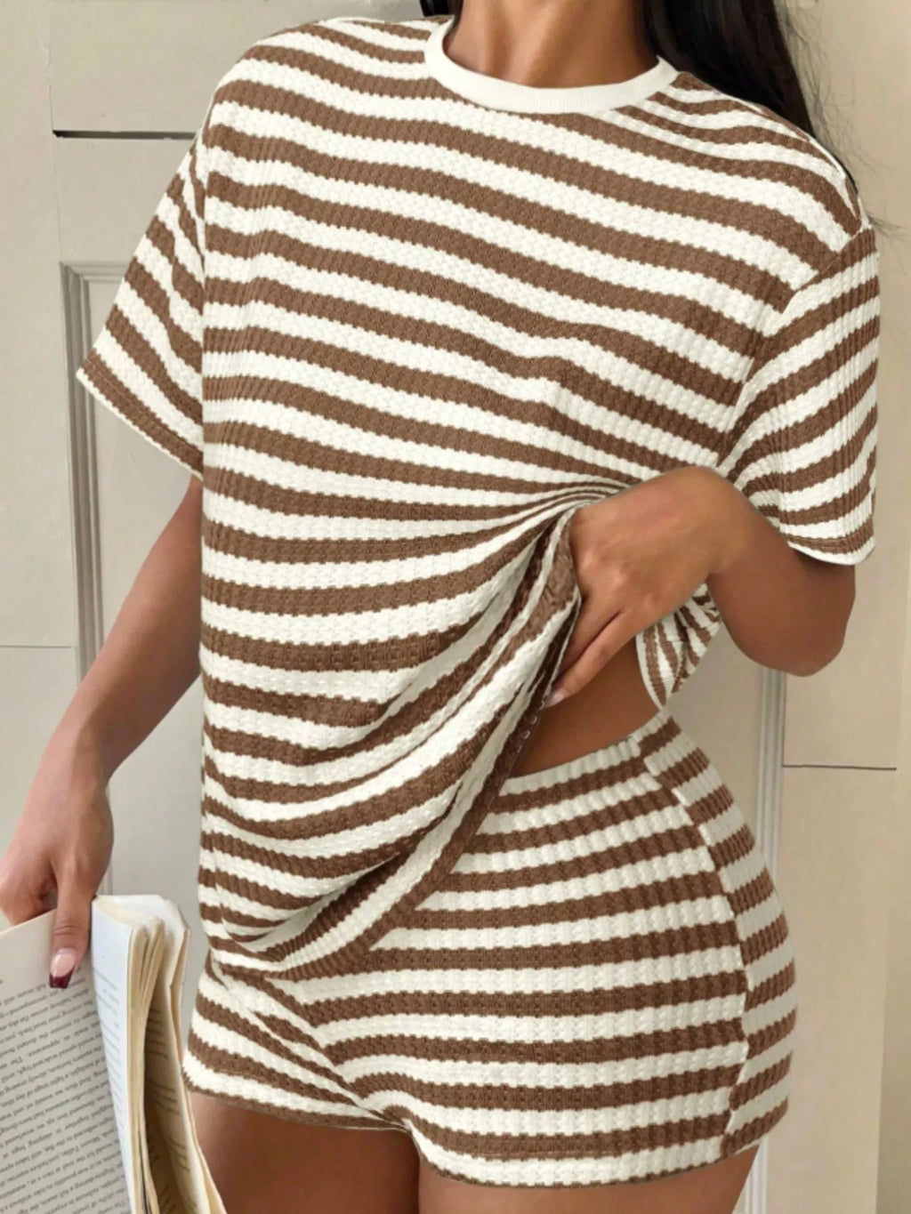 Striped Round Neck Top and Shorts Set