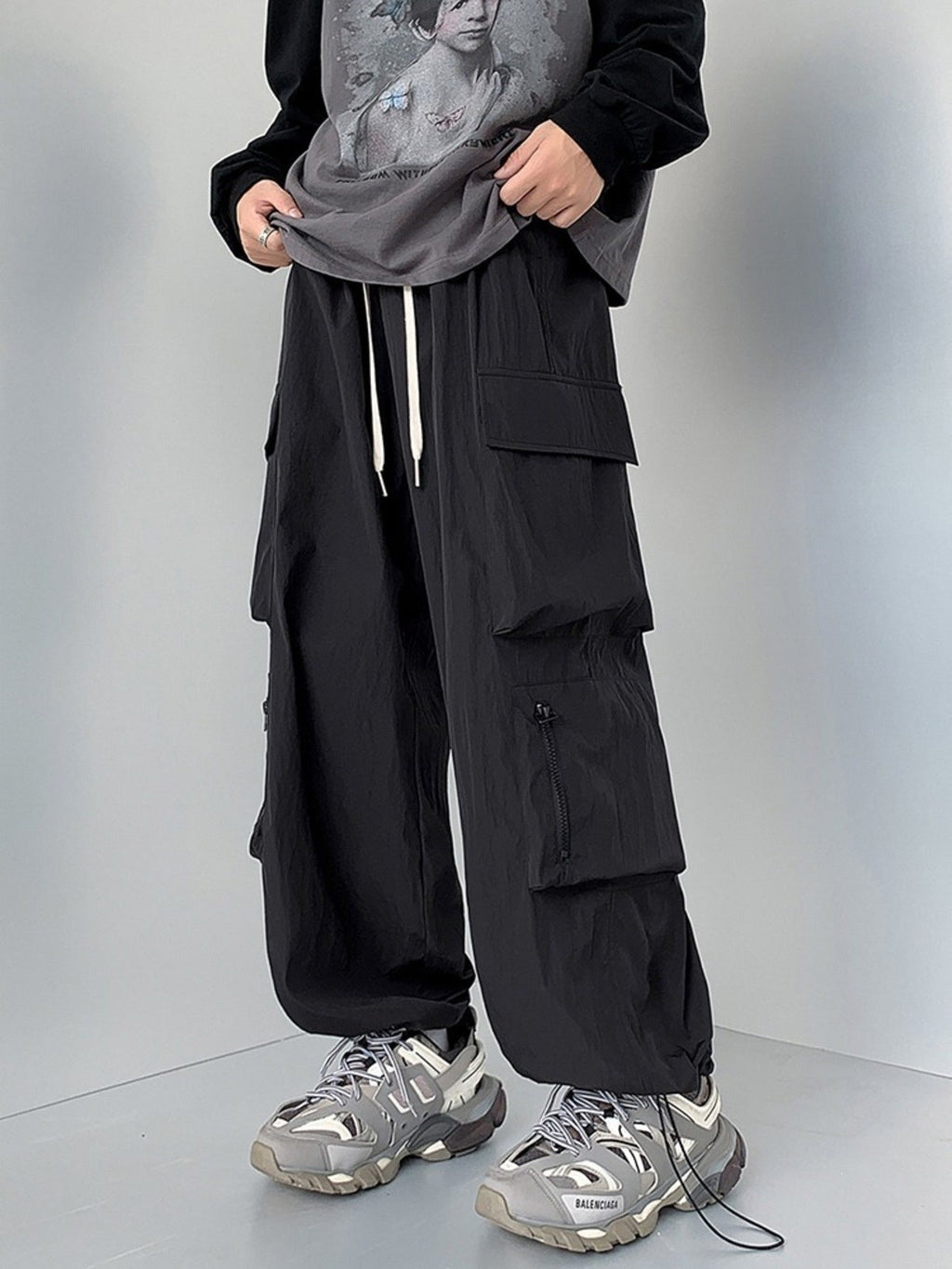 Men's Plus Size Loose Fit Cargo Pants with Drawstring