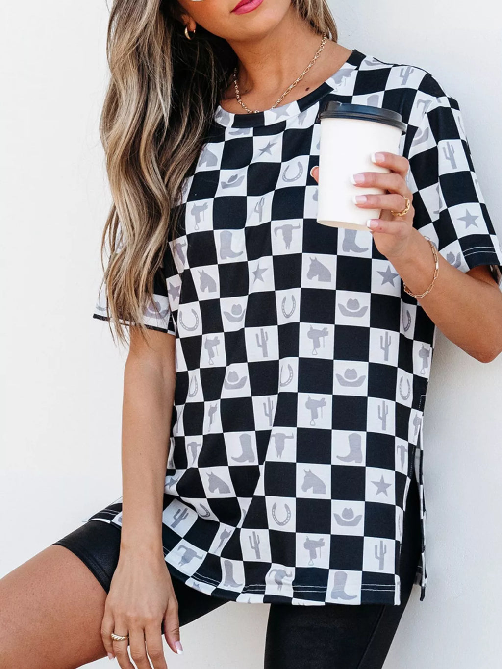 Western Checkerboard Print Side Split T Shirt