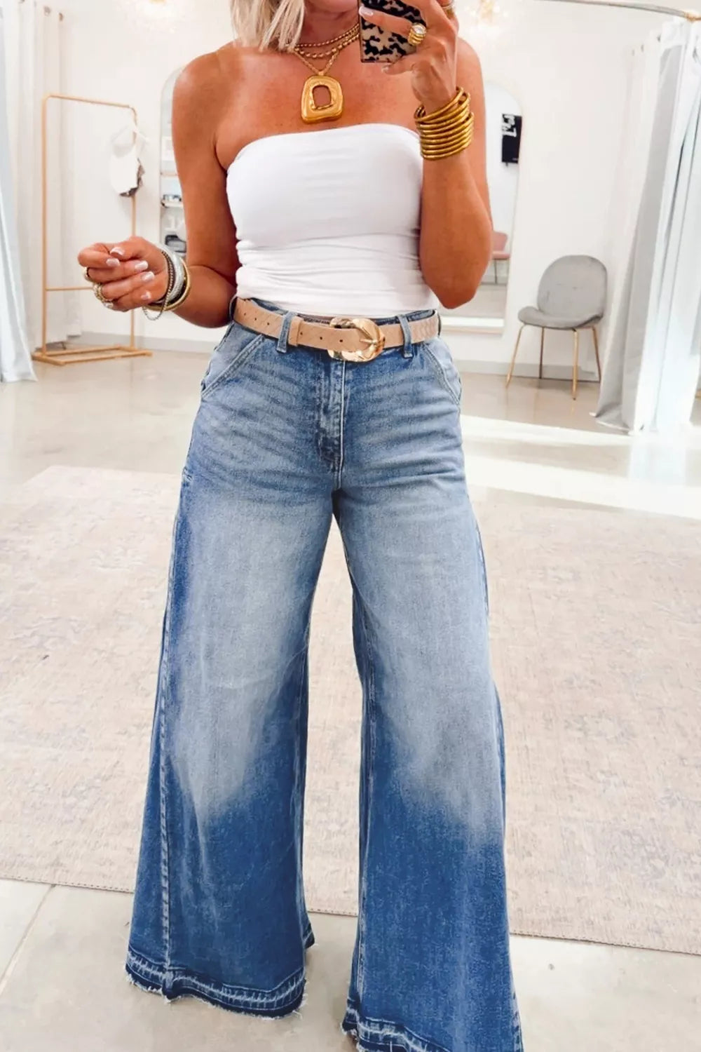 Side Seam Gathering Flare Leg Jeans