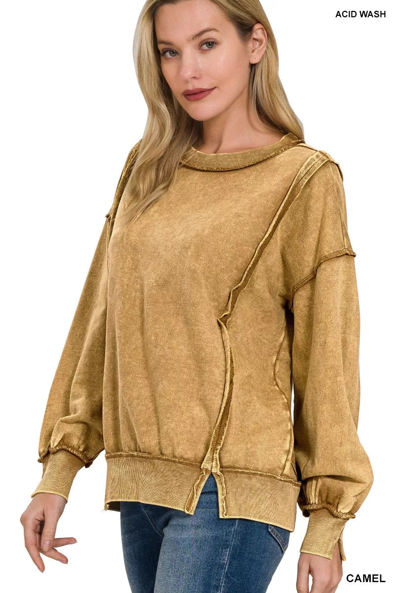 Zenana Acid Wash French Terry Exposed-Seam Sweatshirt