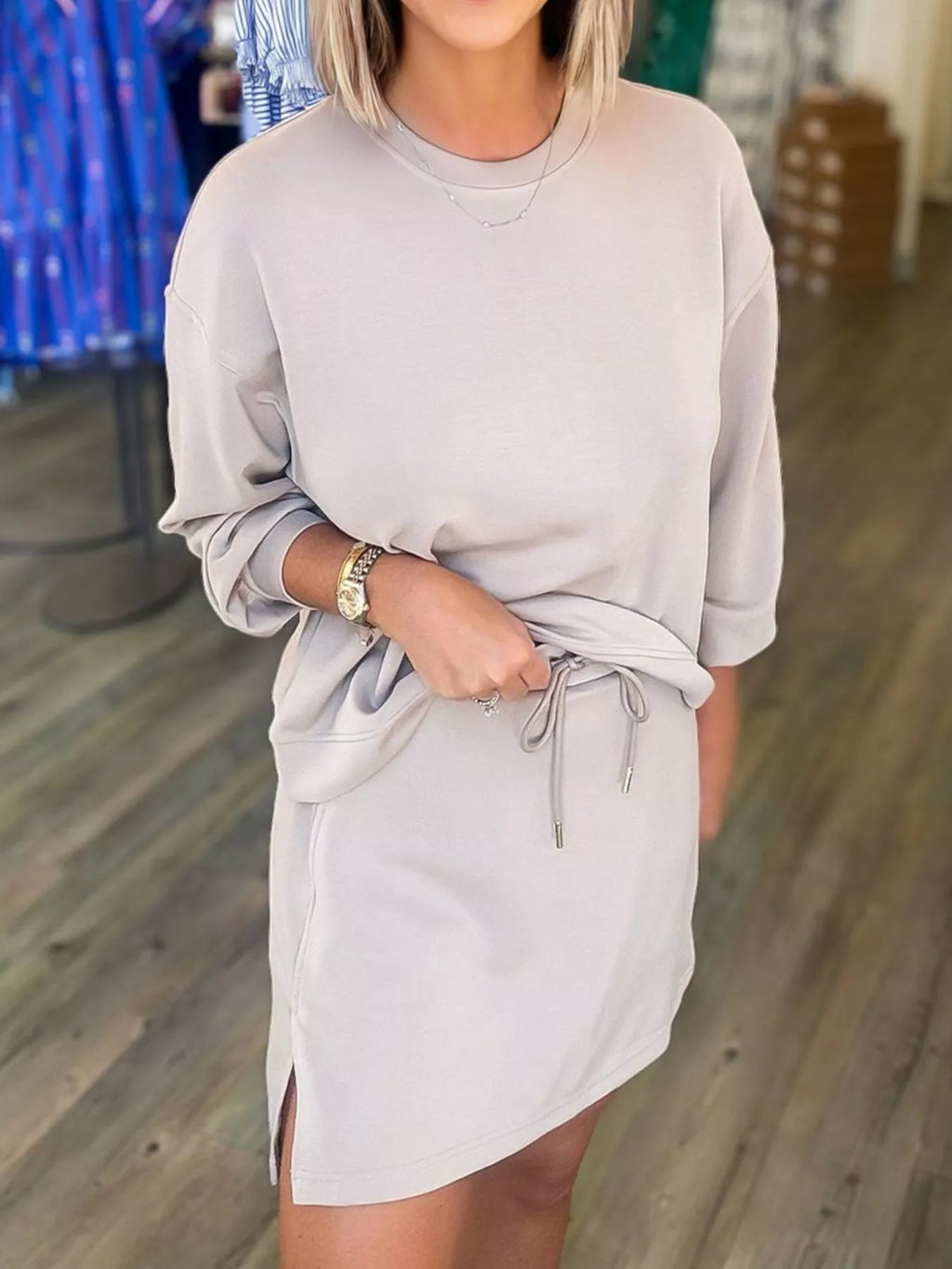Solid Color Drop Shoulder Pullover and Drawstring Mini Skirt 2pcs Outfit