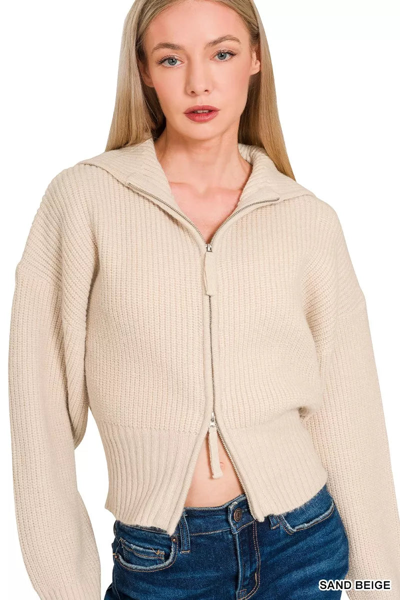 Zenana Ribbed Collared Zip Up Sweater Cardigan