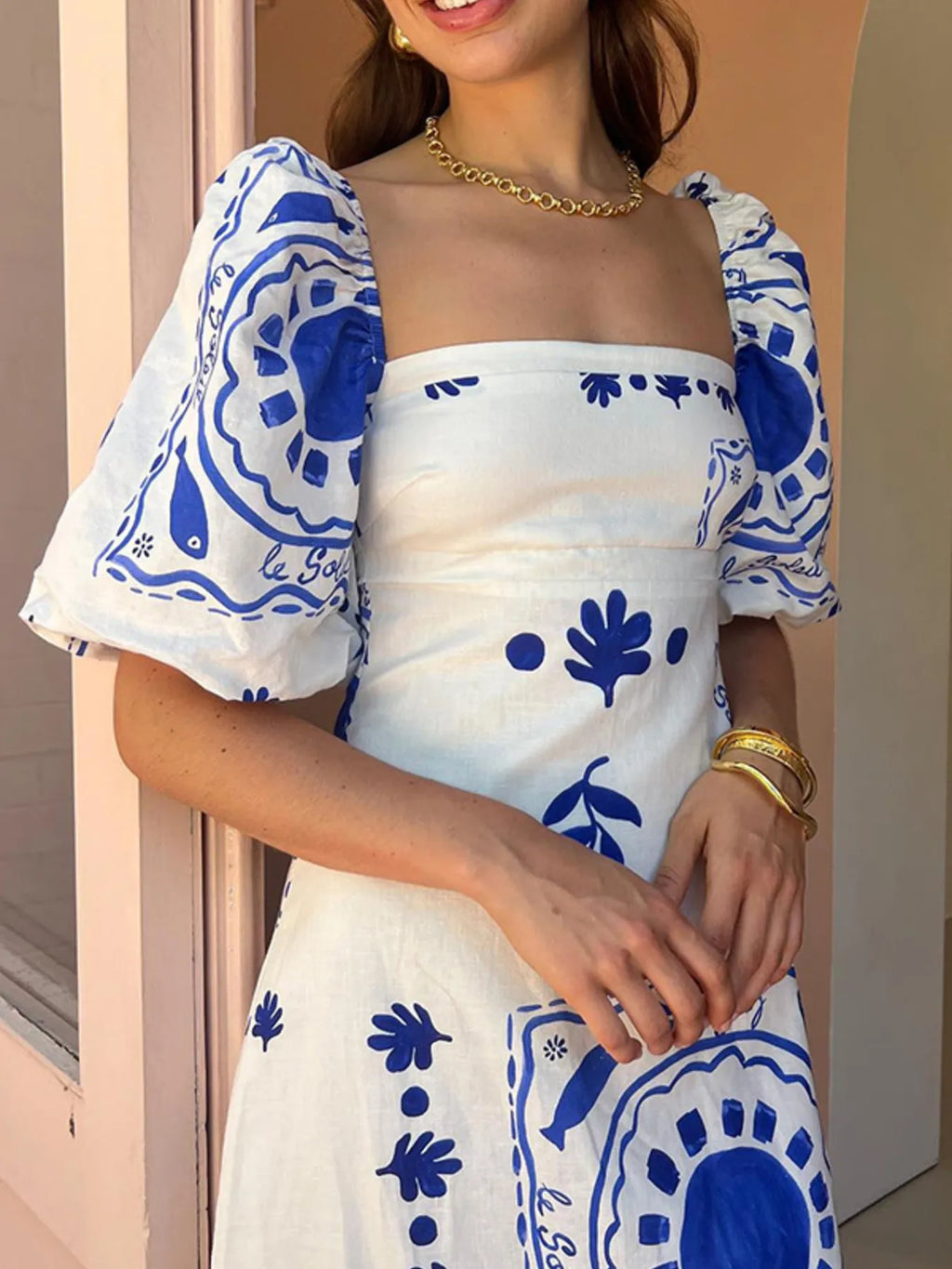 Floral Square Neck Puff Sleeve Maxi Dress with Ruffle Hem