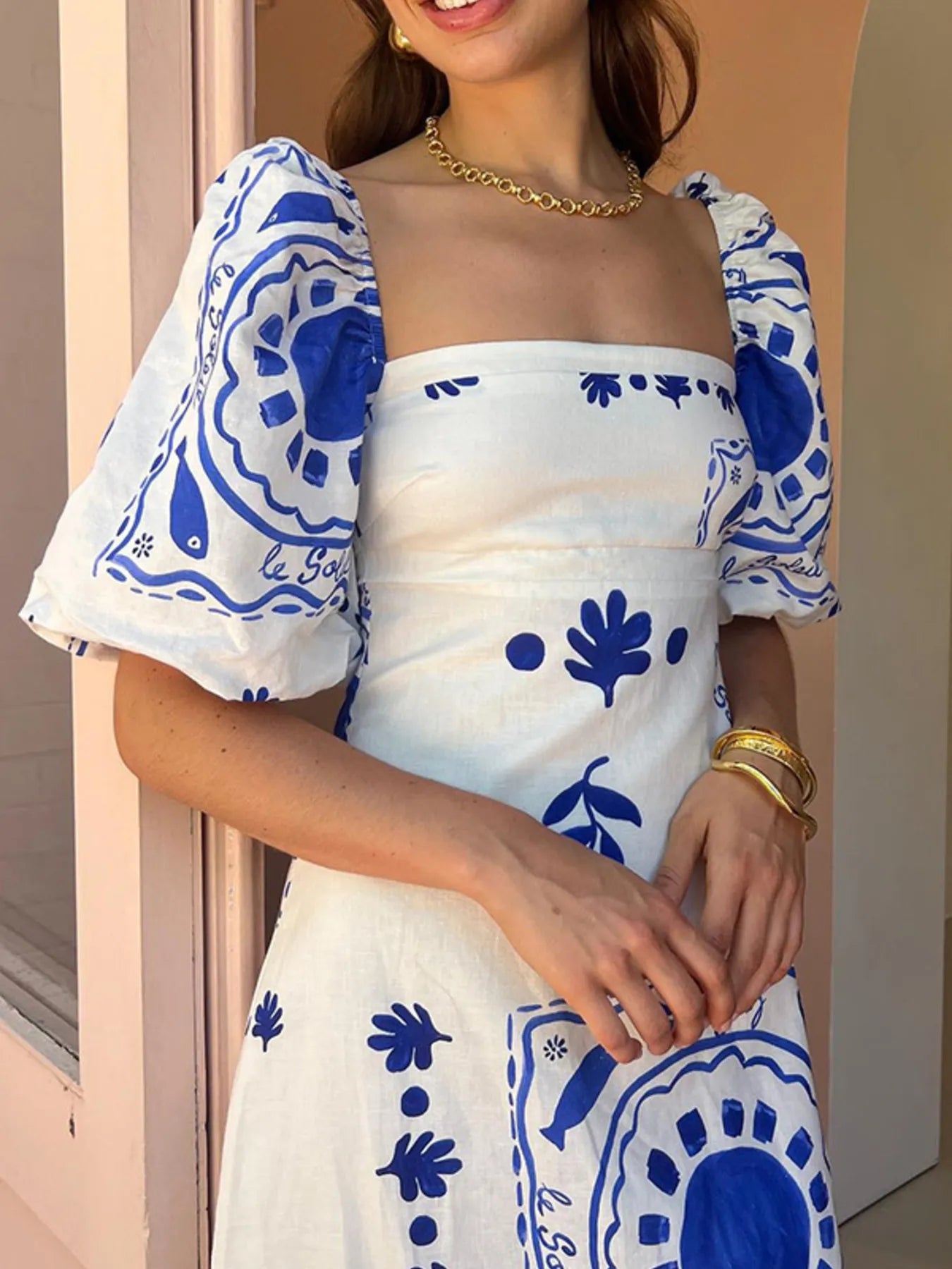 Floral Square Neck Puff Sleeve Maxi Dress with Ruffle Hem