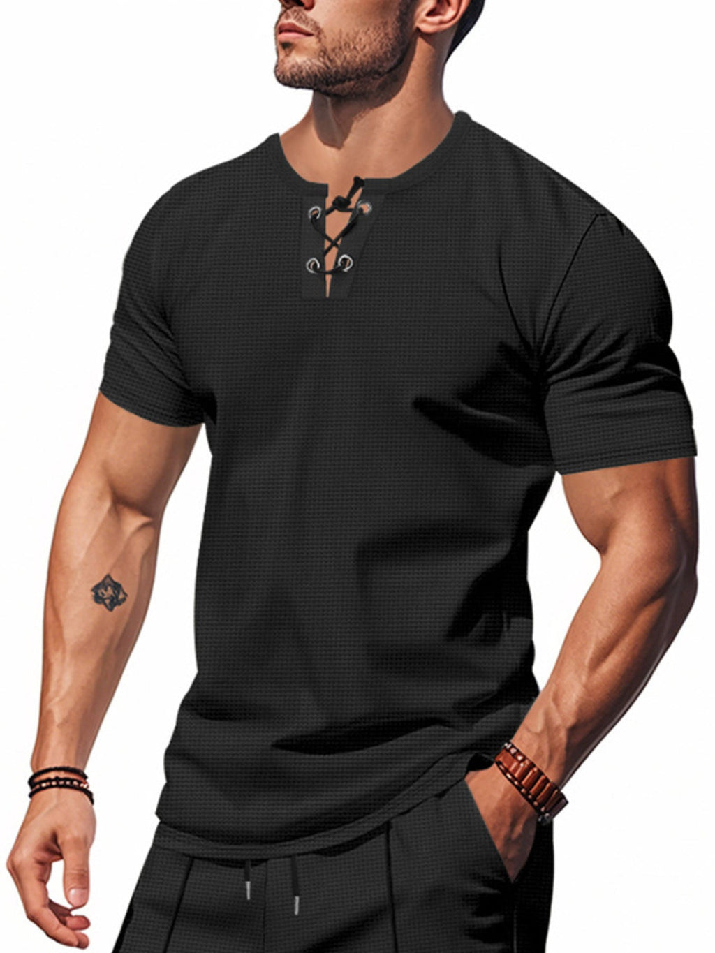 Men's Full Size Lace-Up Neck T-Shirt Plus Size