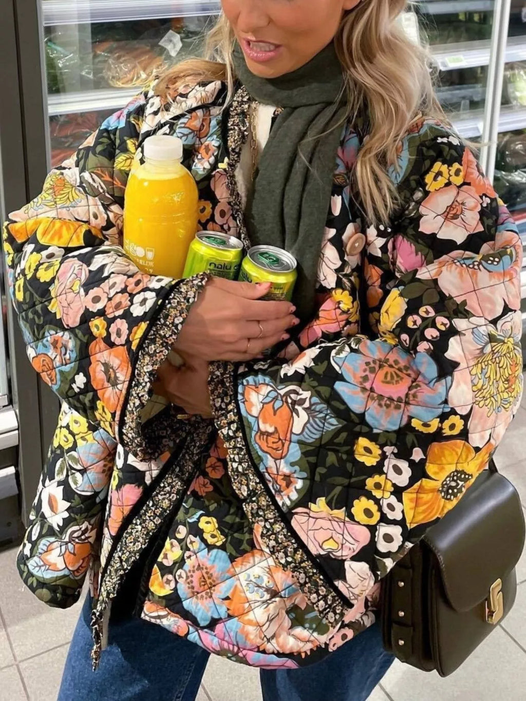 Full Size Floral Print Quilted Sherpa-Lined Jacket Plus Size