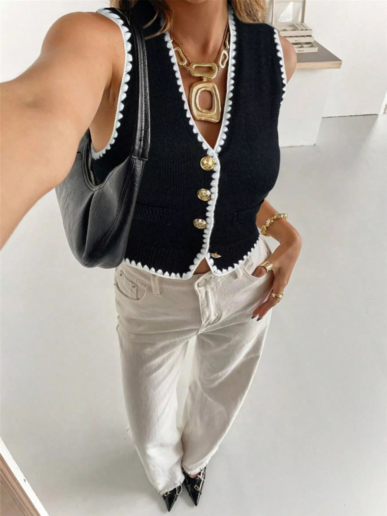 Contrast Trim Button Up Sweater Vest