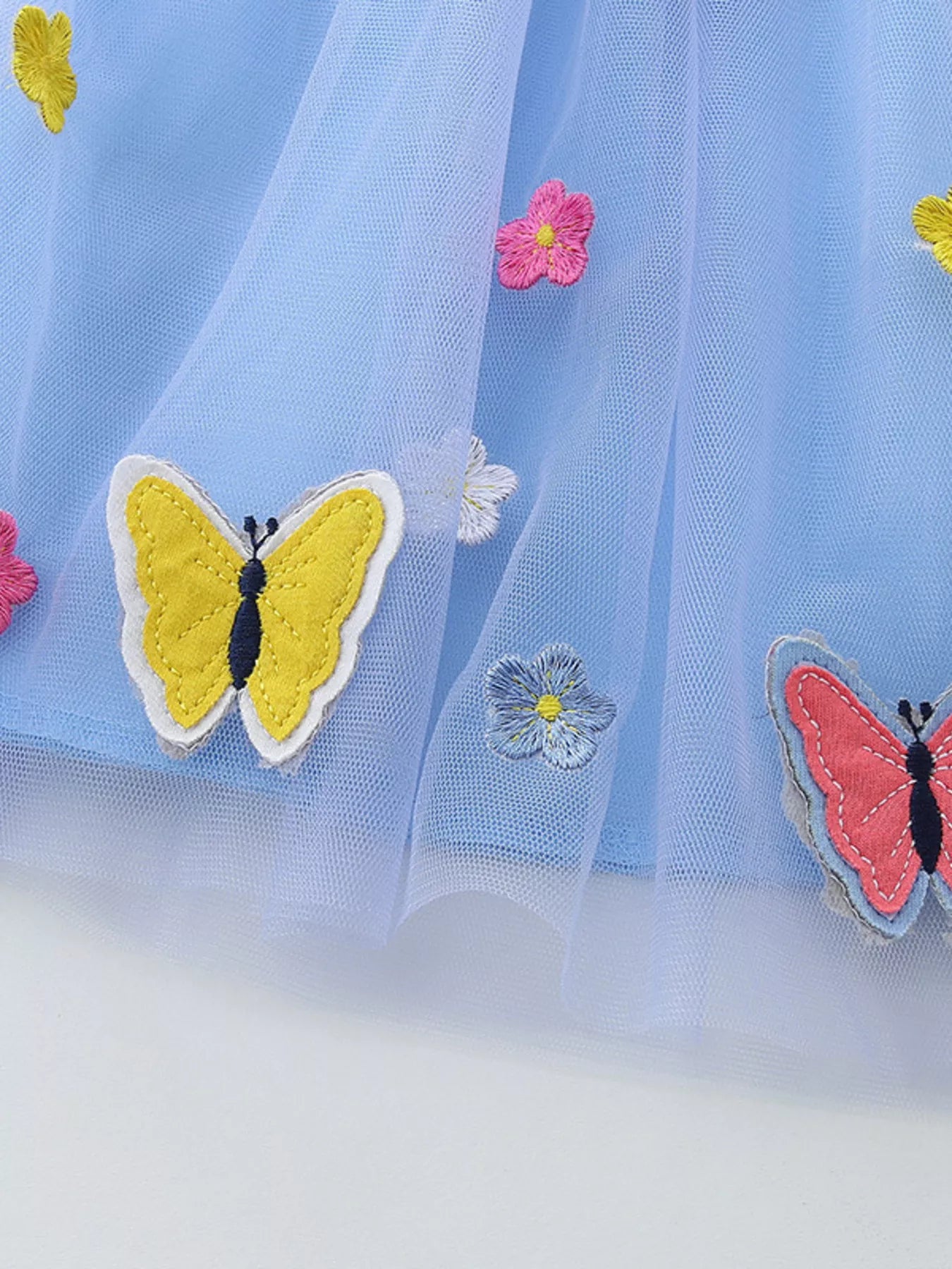 Children's Striped Tulle Dress with Butterfly and Flower Appliques