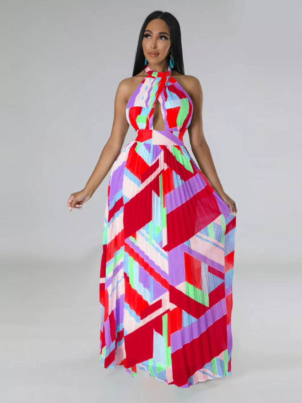 Halter Neck Geometric Print Pleated Maxi Dress
