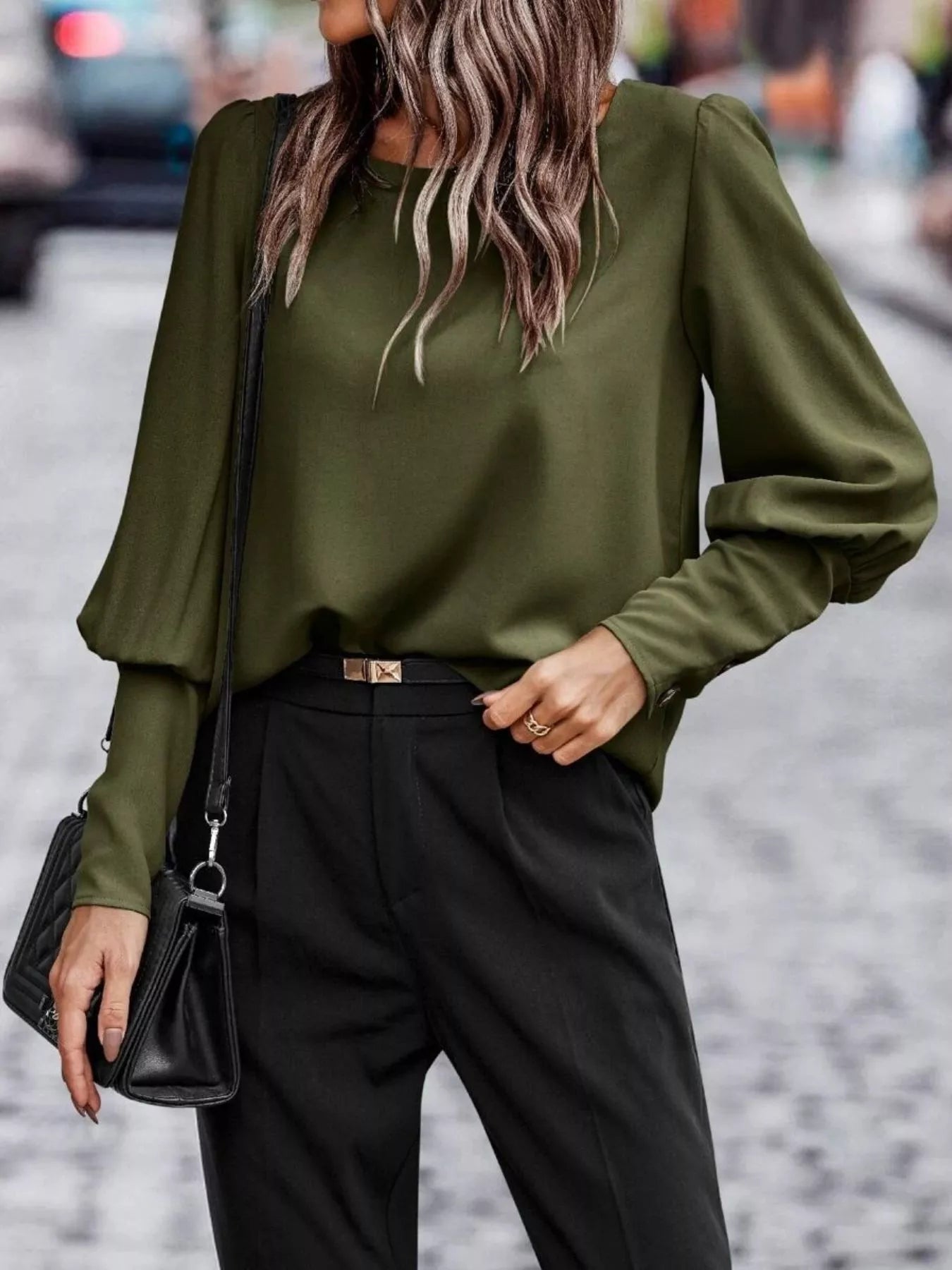Back Button Lantern Sleeve Blouse
