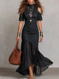 Mock Neck Cold Shoulder Ruffle Hem Maxi Dress