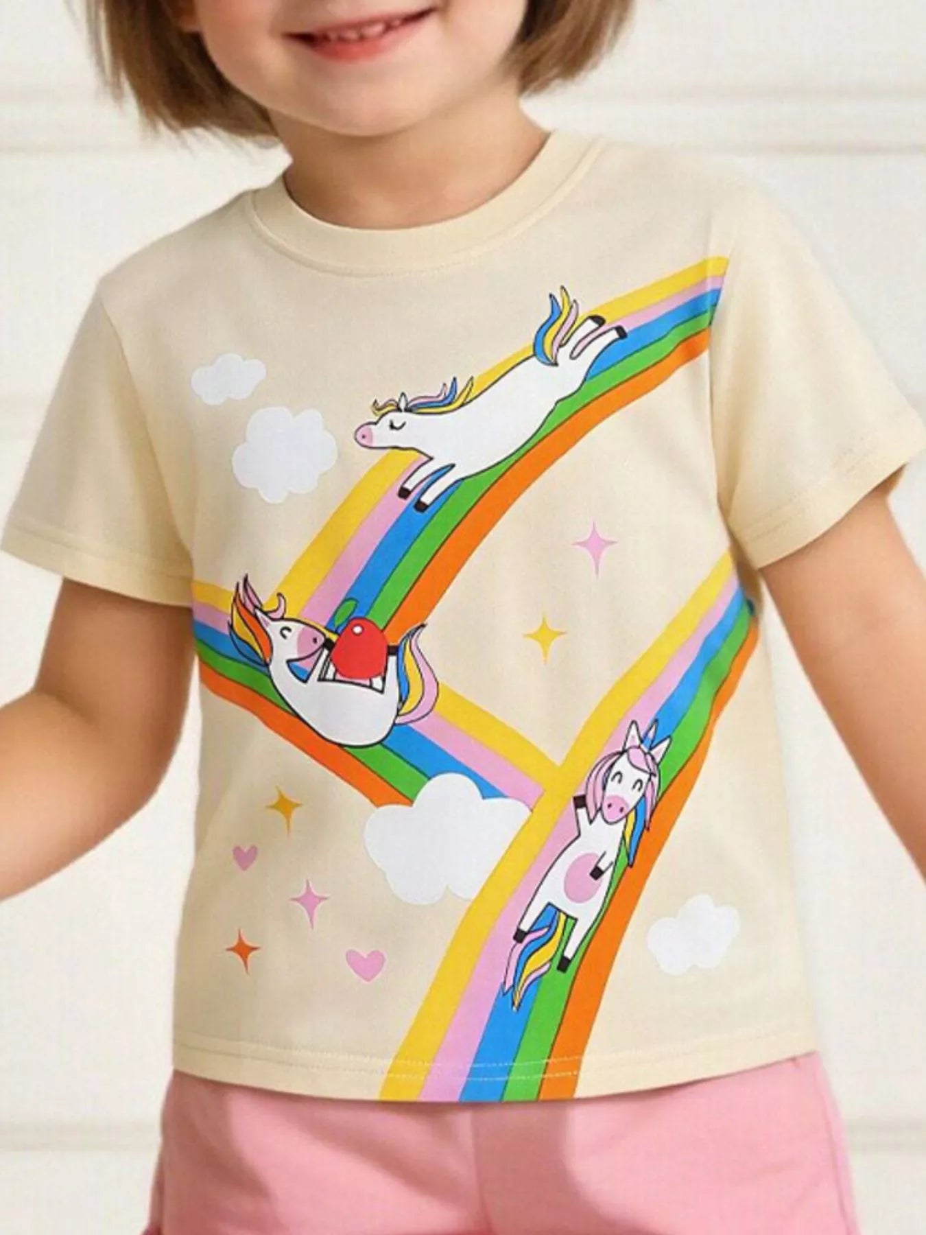 Children's Rainbow Unicorn Graphic Round Neck T-Shirt