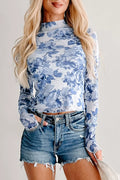 Floral Print Long Sleeve Stand Neck Mesh Top