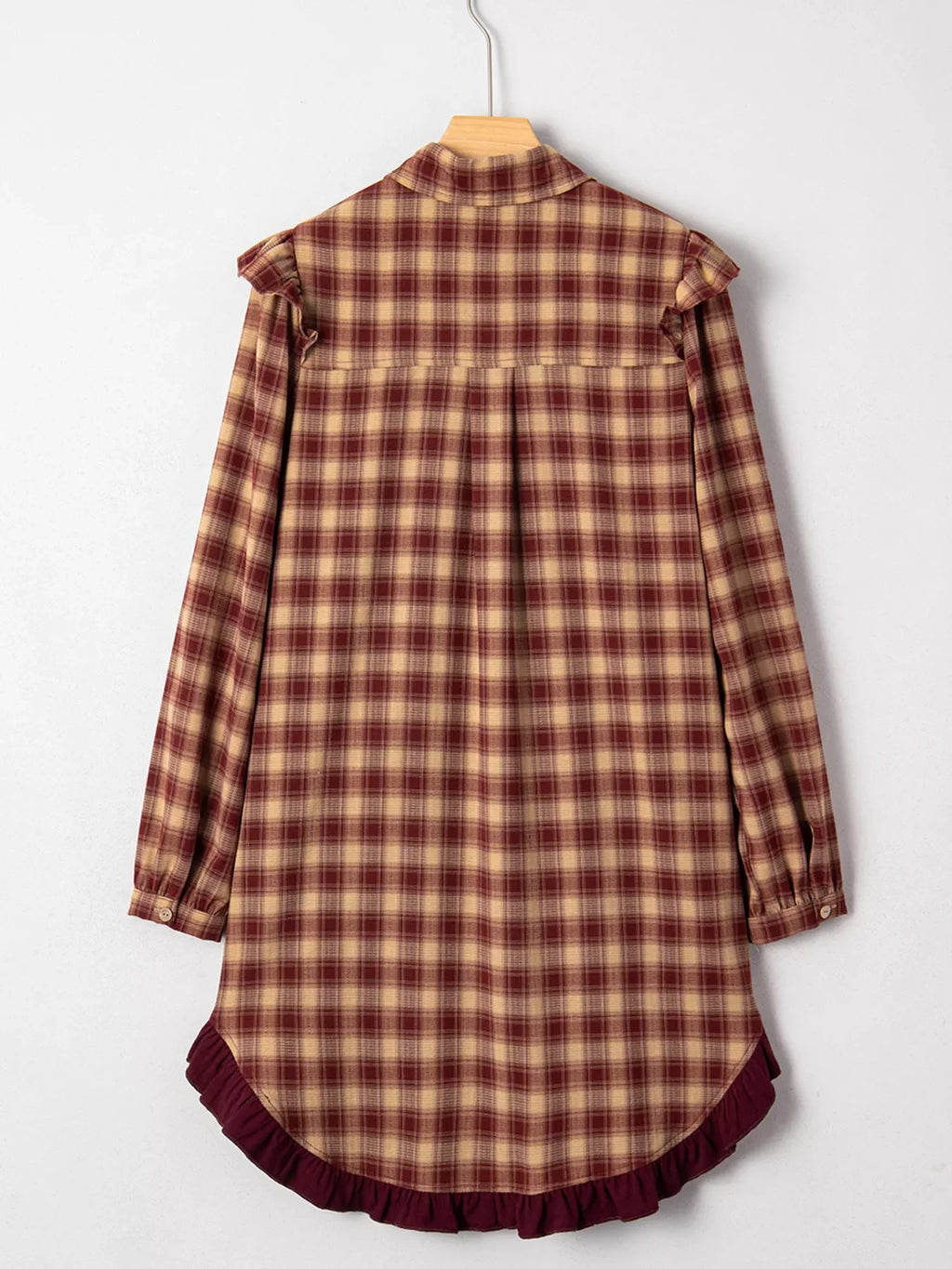 Plaid Print Ruffled Long Sleeve Patchwork Hem Mini Shirt Dress