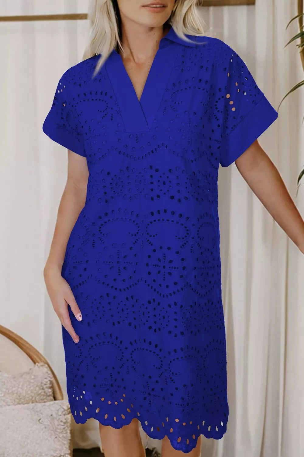 Solid Color Eyelet Embroidered T Shirt Mini Dress