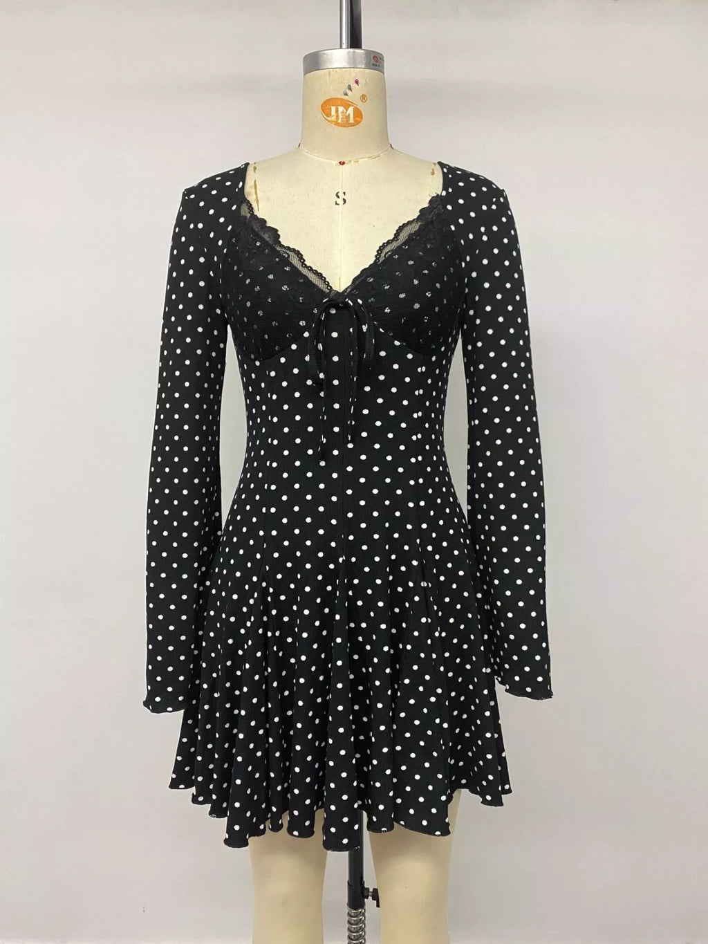 Polka Dot Lace Trimmed V-Neck Mini Dress