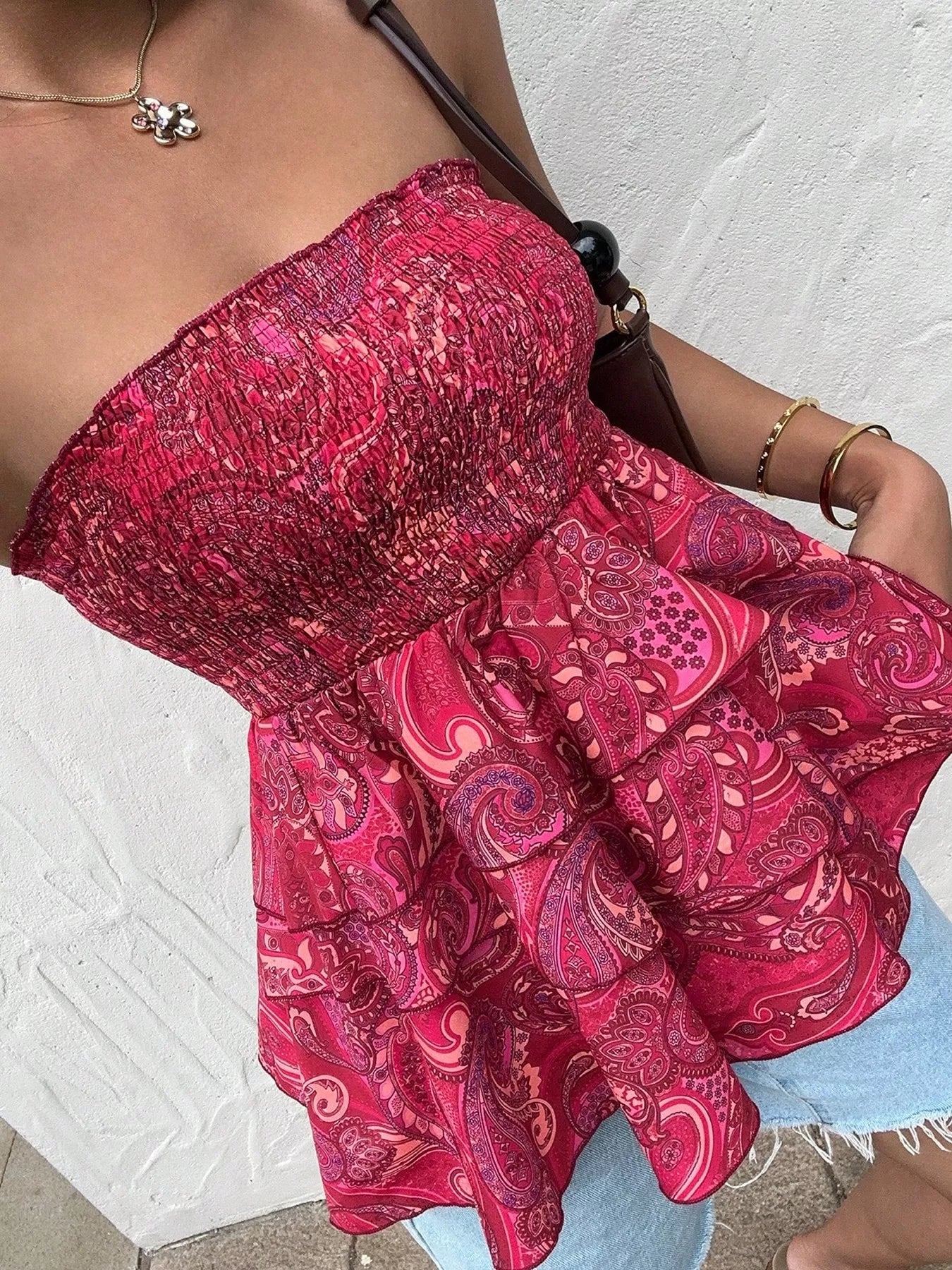 Smocked Layered Paisley Print Tube Top