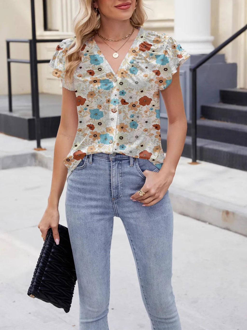 Floral Print V-Neck Cap Sleeve Casual Summer Blouse