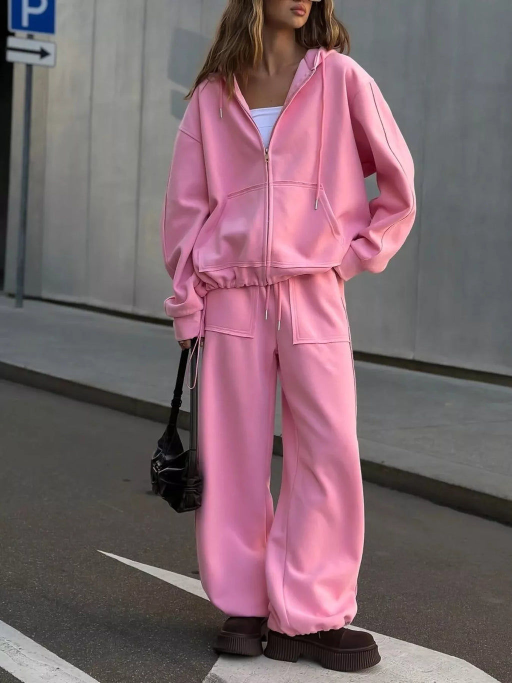 Oversized Zip-Up Hoodie and Wide-Leg Pants Set