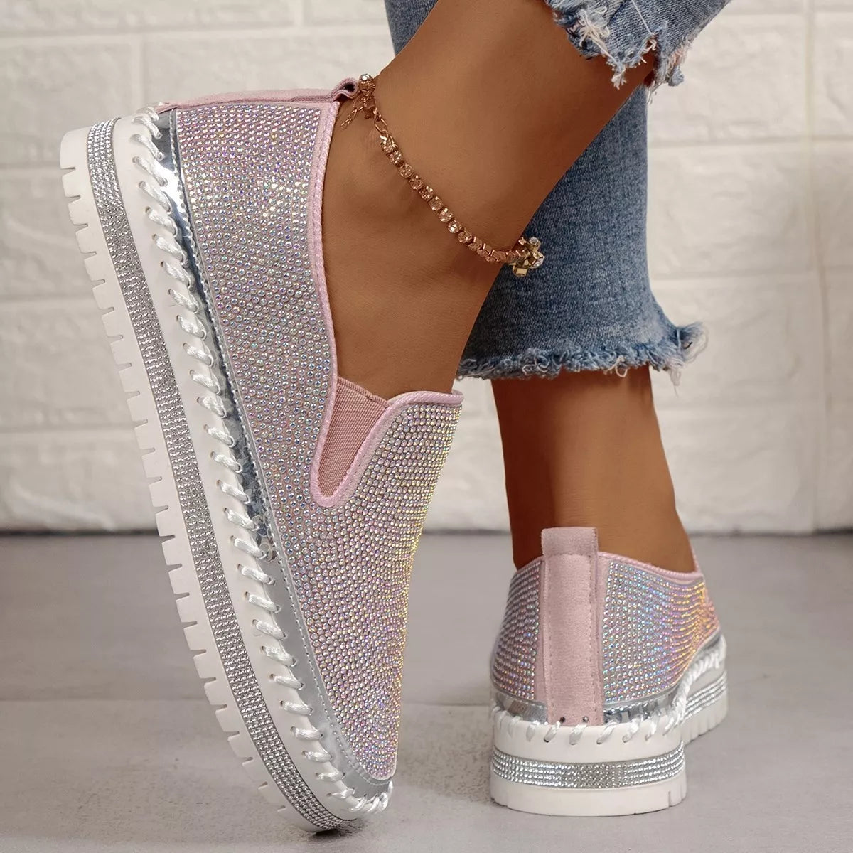 Rhinestone Round Toe Platform Loafers