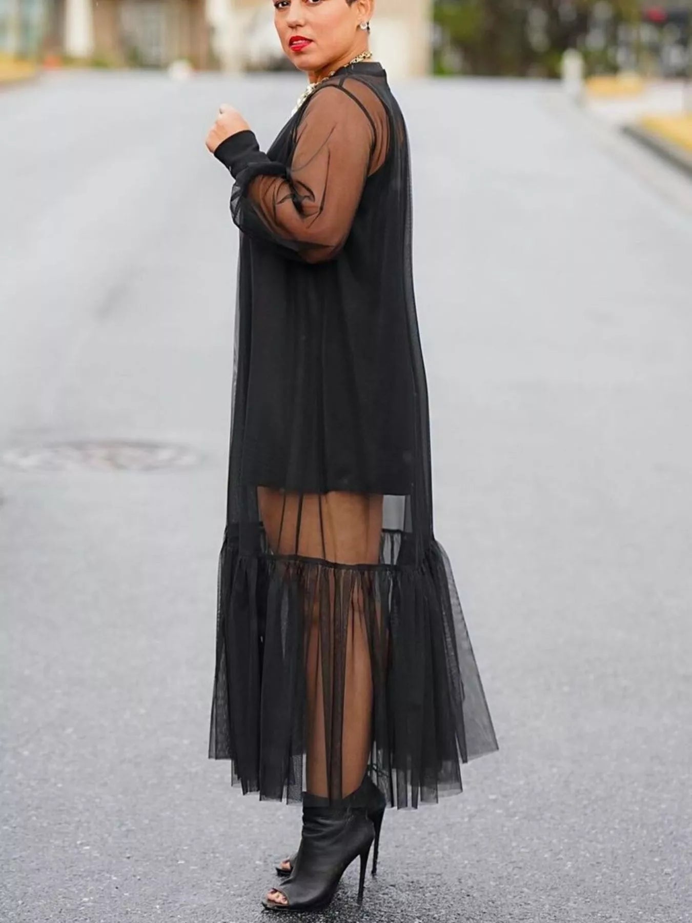 Scoop Neck Cami Dress and Sheer Mesh Dress Set