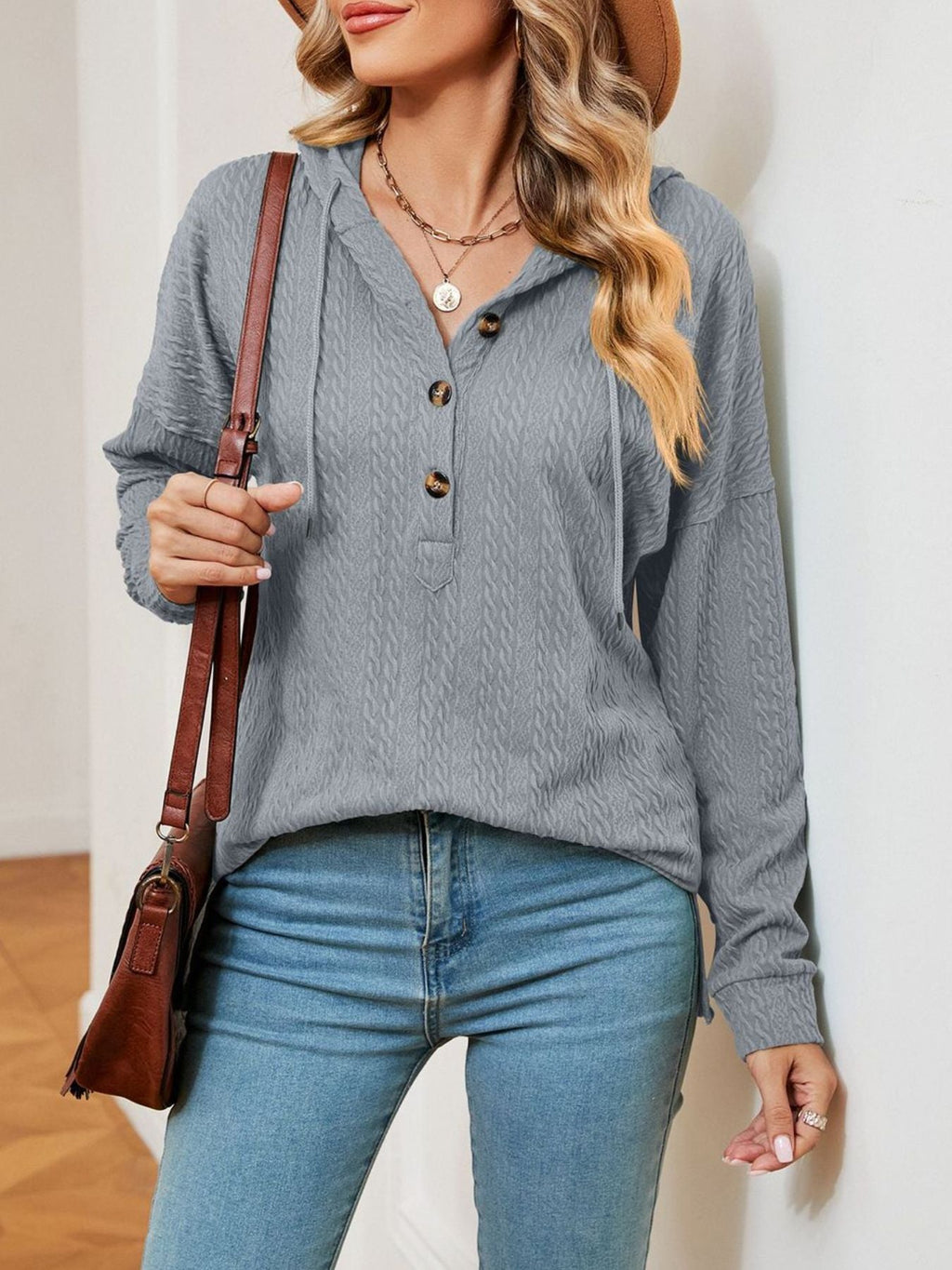 Textured Knit Button Detail Hoodie
