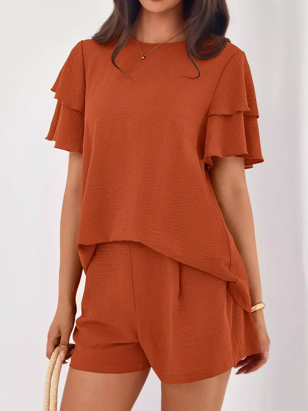 Ruffle Sleeve Top and Shorts Two-Piece Set