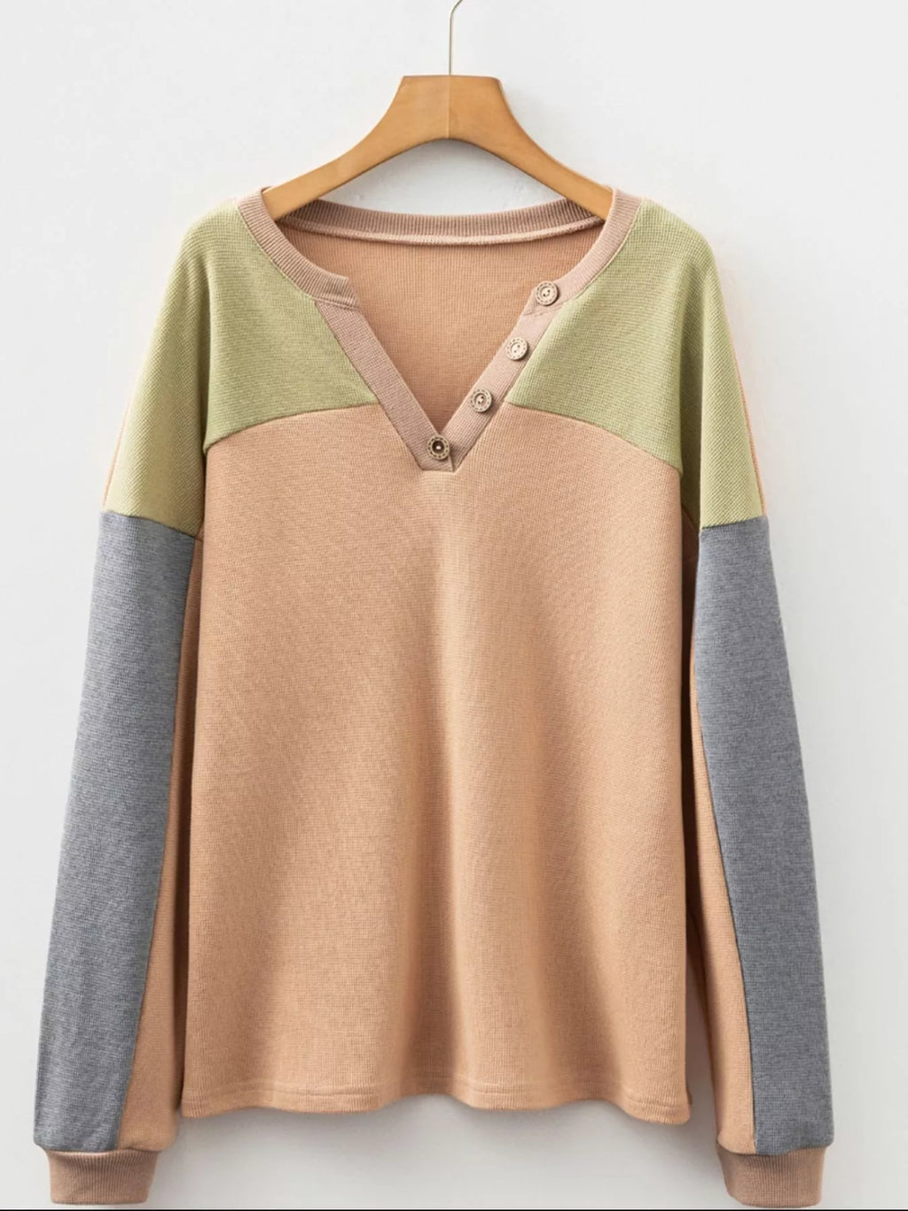 Color Block Thermal Textured Knit Drop Shoulder Henley Top