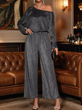 Glitter One Shoulder Long Sleeve Wide Leg Jumpsuit