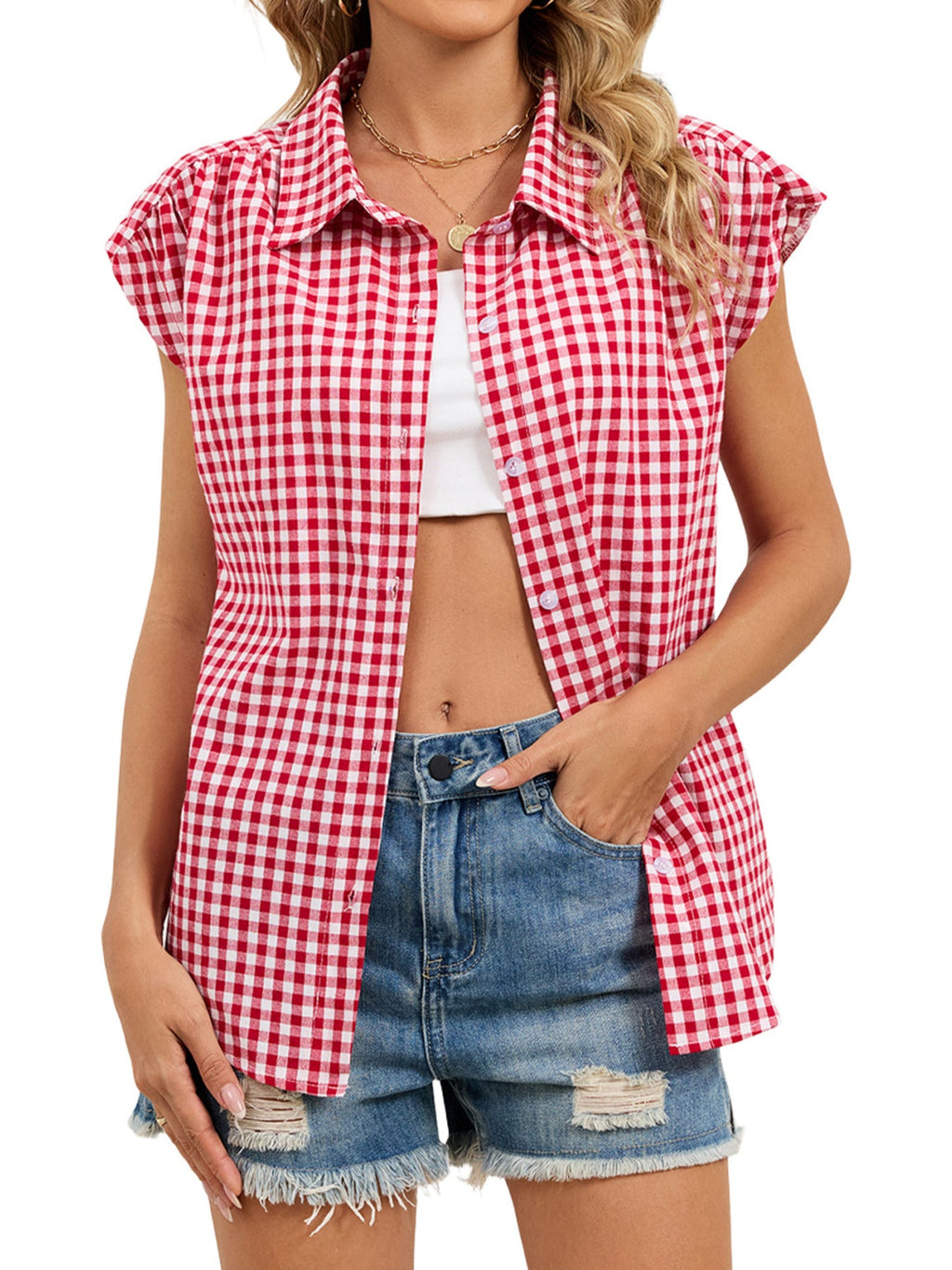 Plaid Button Up Cap Sleeve Shirt