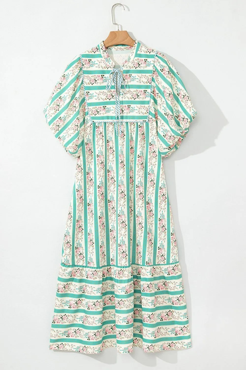 Striped Floral Print Tie Neck Puff Sleeve Midi Dress