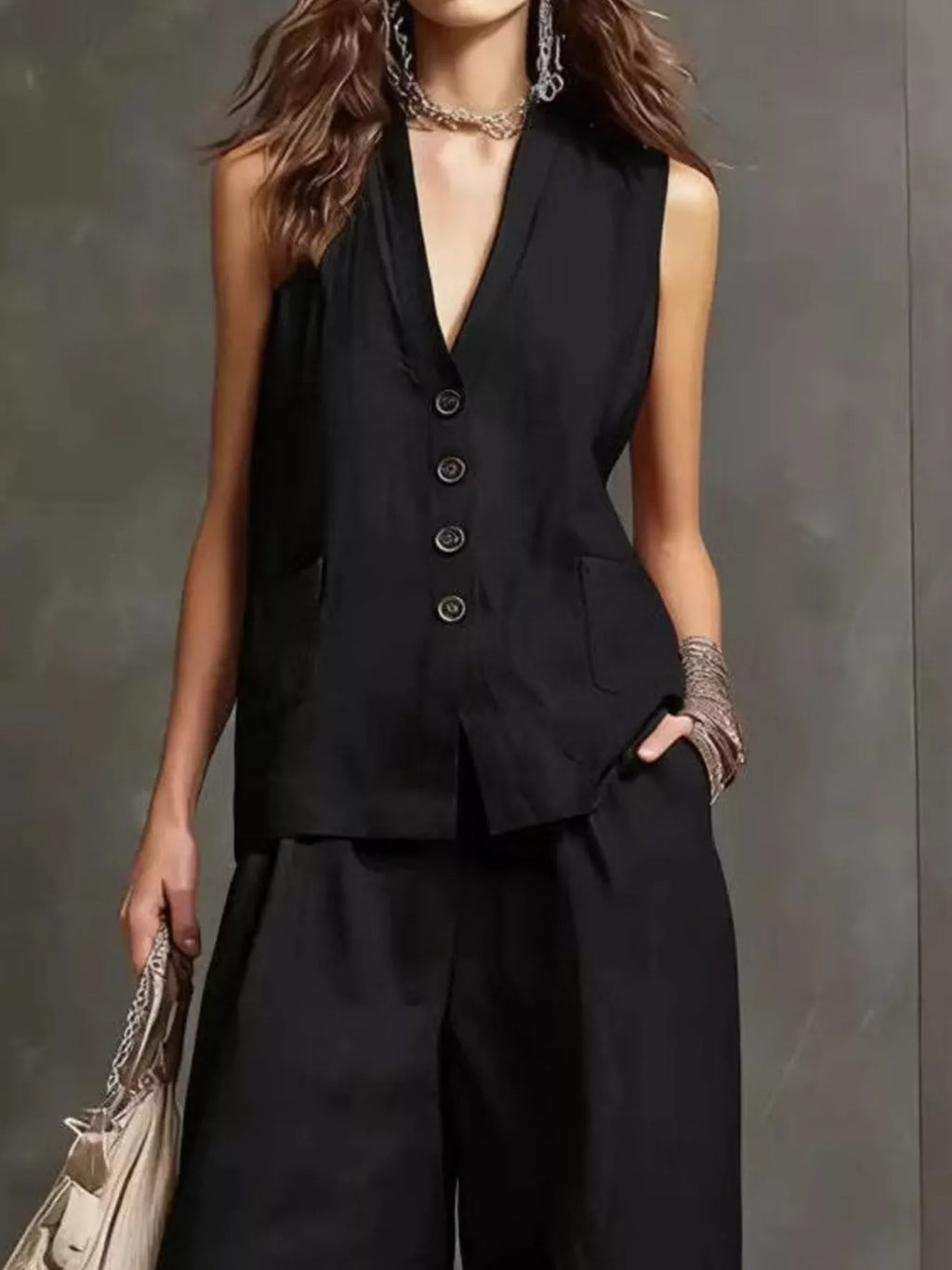 Full Size Sleeveless Vest and Wide-Leg Pants Set Plus SIze