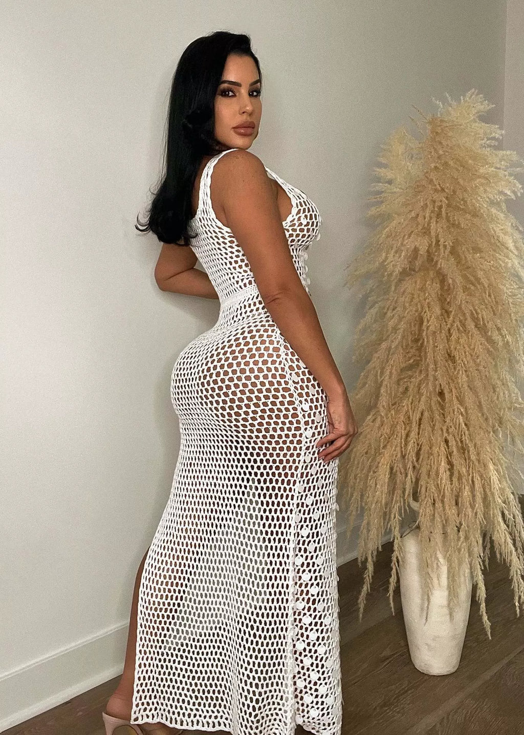 Sequin Embellished Crochet Maxi Dress with High Slit