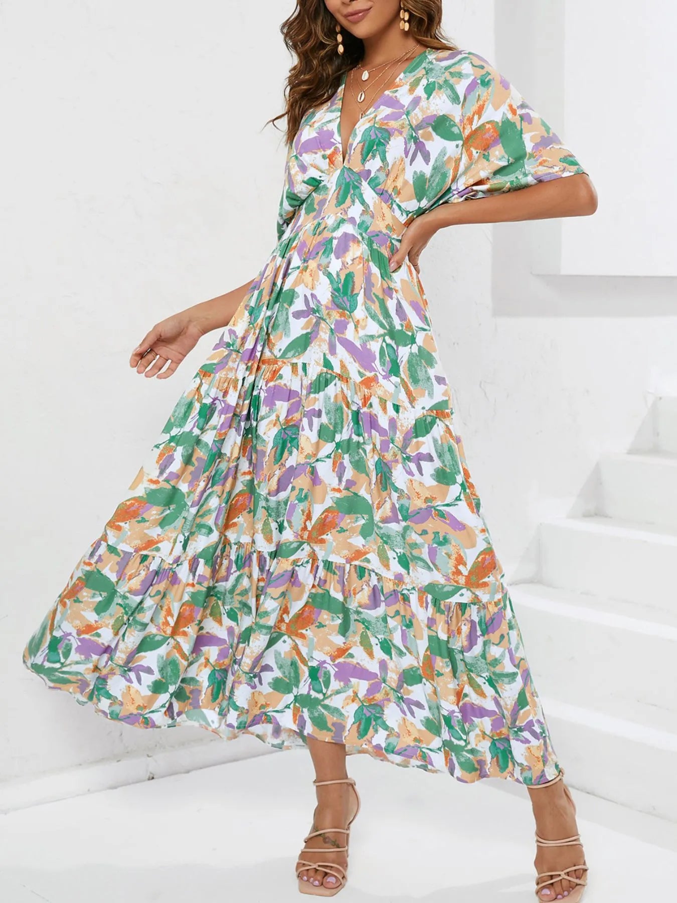 Floral Print V-neck Boho Midi Dress