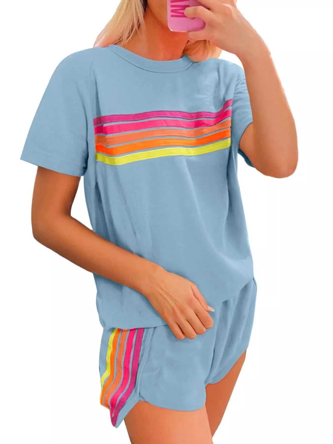 Rainbow Striped Round Neck Top and Shorts Set