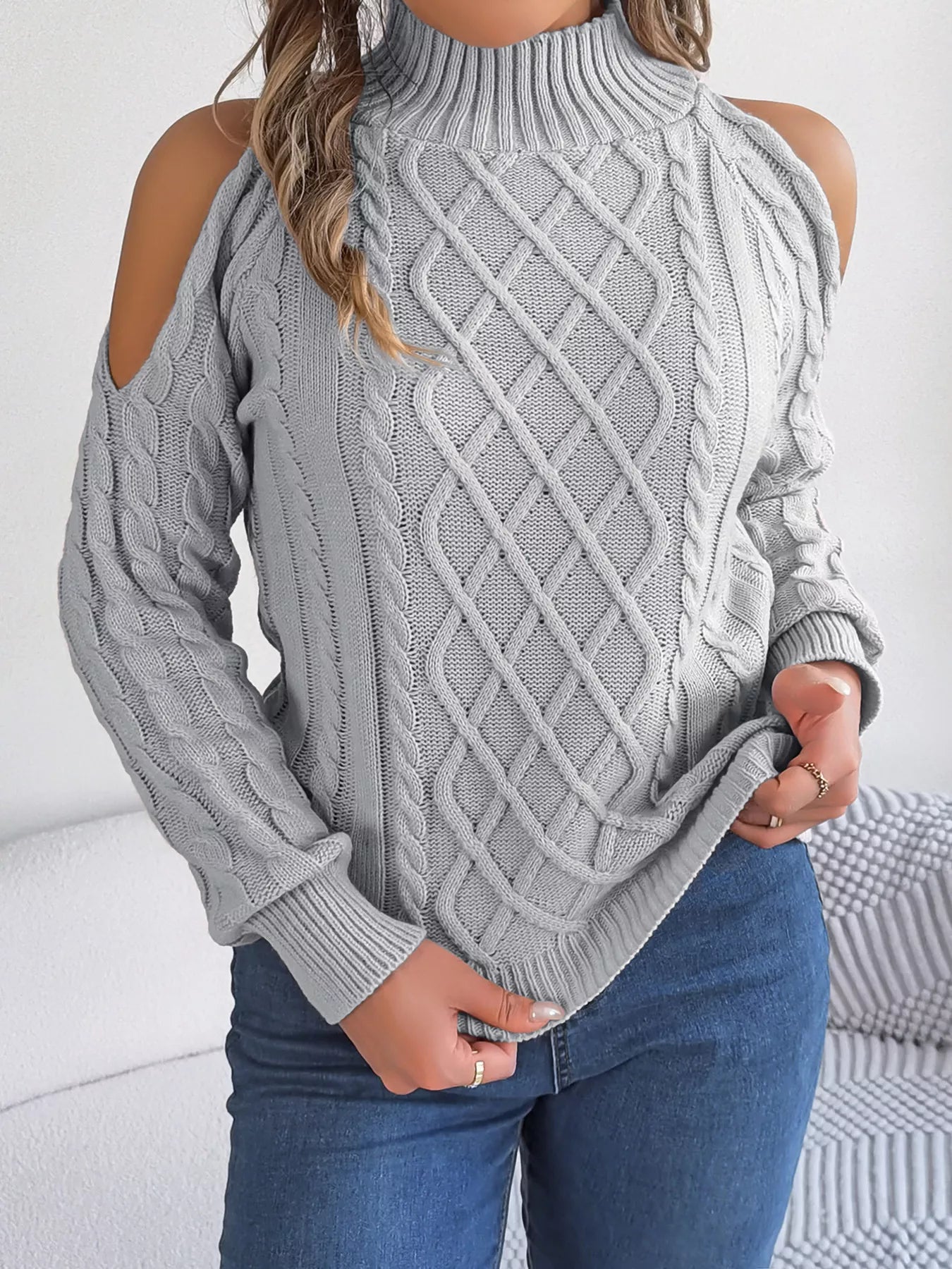 Cable Knit Cold Shoulder Turtleneck Sweater