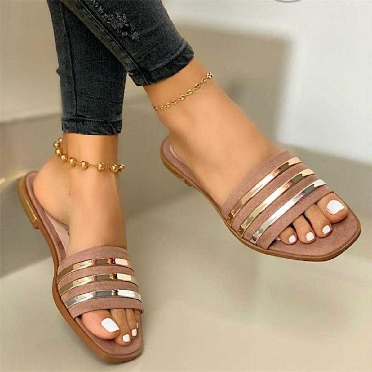 Open Toe Striped Flat Sandals