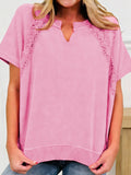 Raw Cut Notched Neck Lace Patchwork Detail Mineral Wash Tee