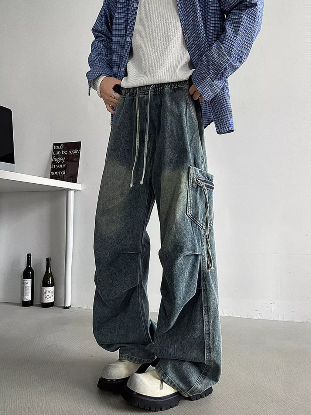 Men's Plus Size Loose Fit Cargo Jeans with Drawstring