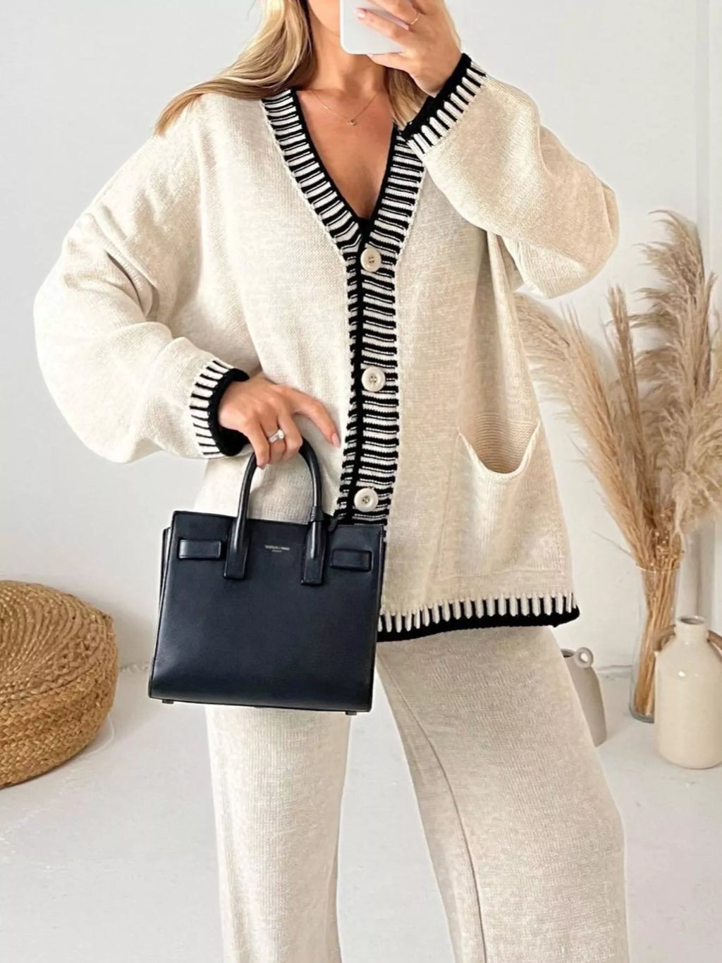 Button Up V-Neck Cardigan and Pants Sweater Set